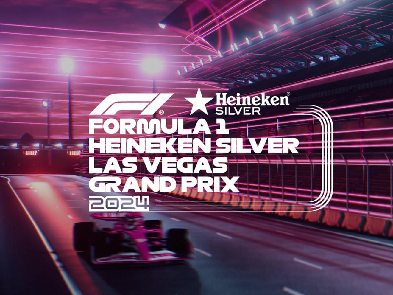Logotipo de Fórmula 1 Heineken Silver Las Vegas Grand Prix superpuesto sobre una imagen de un auto de carreras circulando a gran velocidad por una pista.