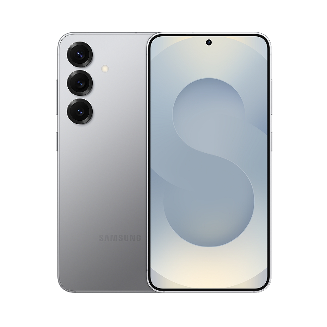 Smartphone Samsung Galaxy S25 en plateado, mostrado por delante y por detrás con triple cámara.