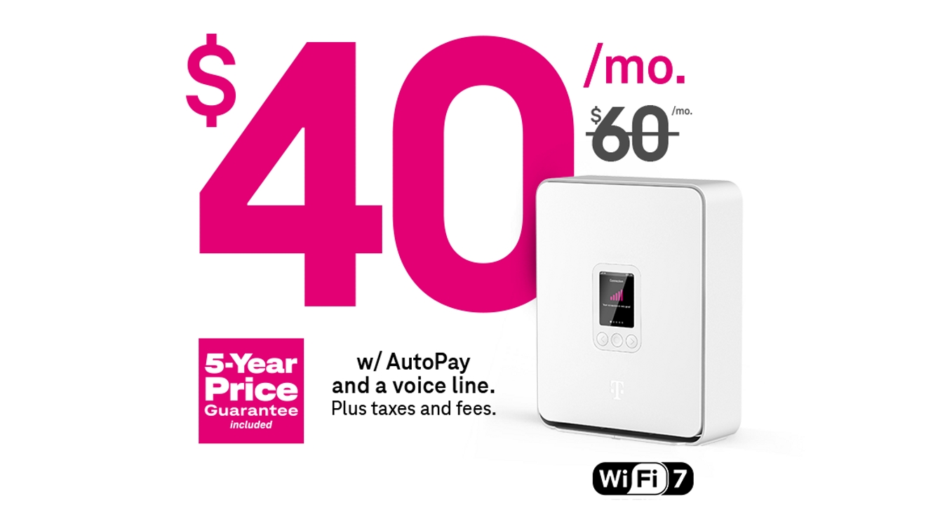 40 dólares al mes. 60 dólares al mes tachado. Con AutoPago y una línea de voz. Más impuestos y cargos. Precio garantizado por 5 años incluido.