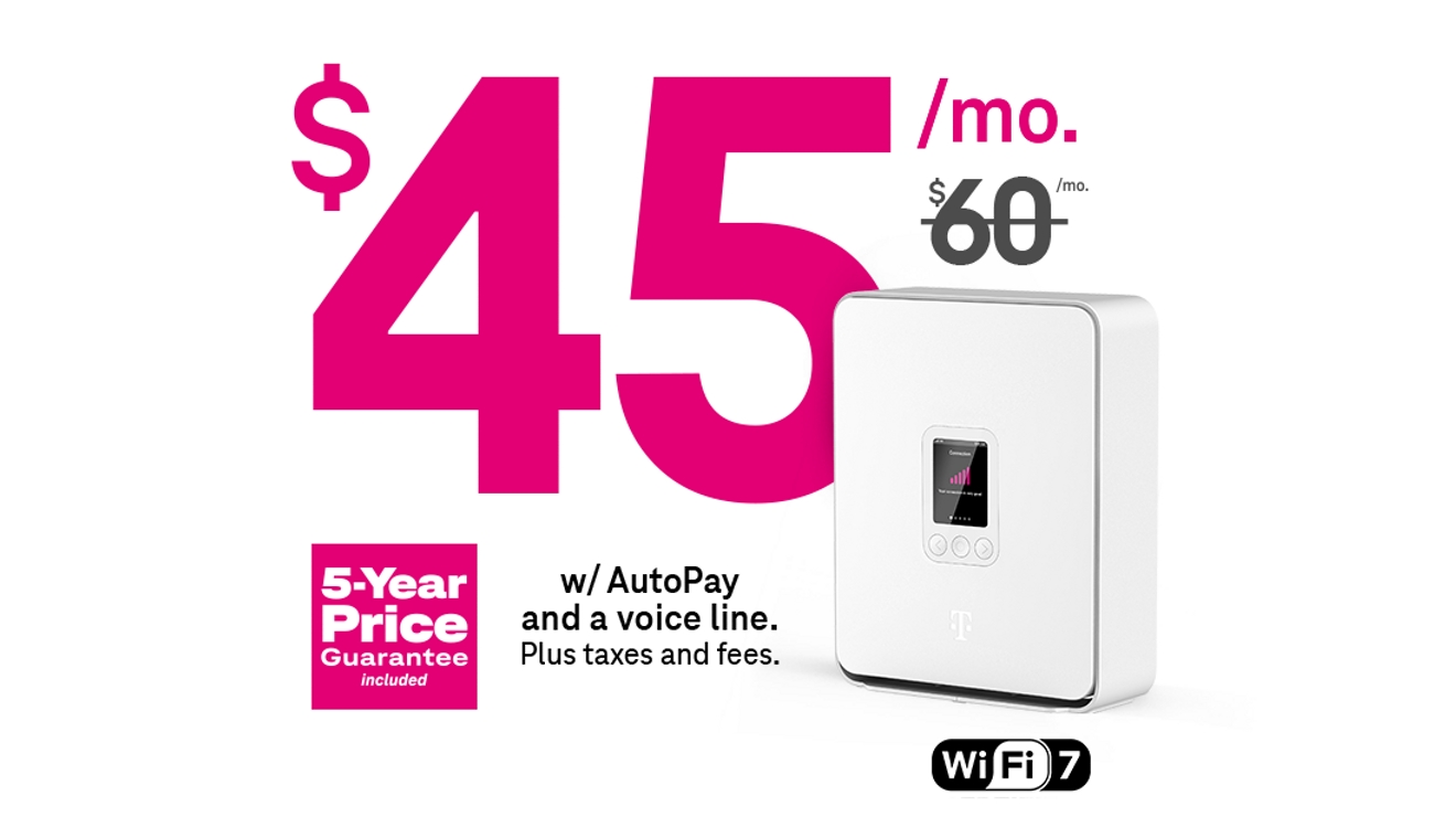 45 dólares al mes con AutoPago y una línea de voz. Más impuestos y cargos. 60 dólares al mes está tachado. Precio garantizado por 5 años incluido. Gateway Wifi 7.