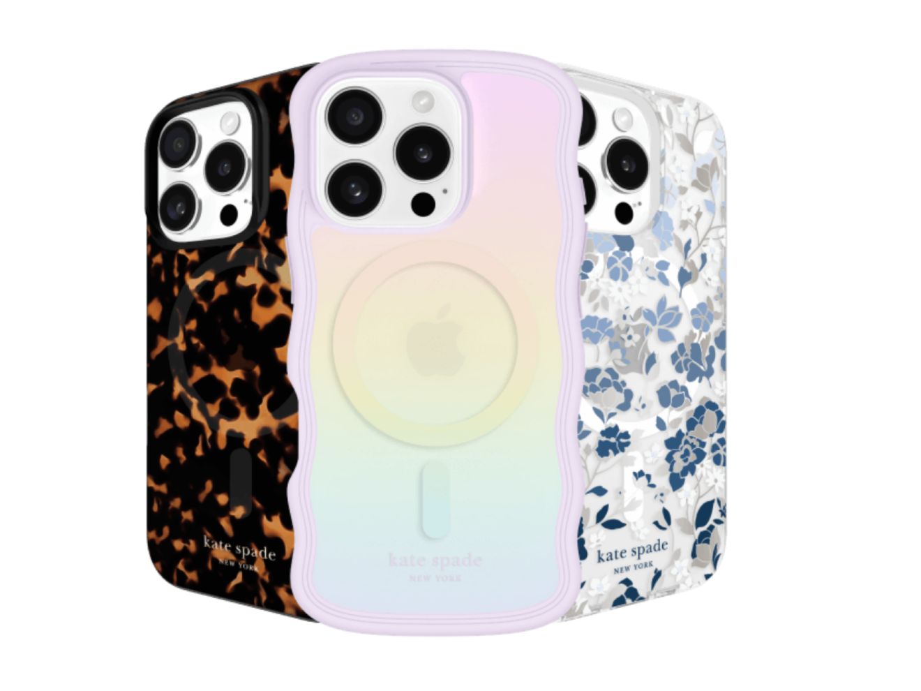 Tres fundas para iPhone 16 con coloridos diseños de Kate Spade New York