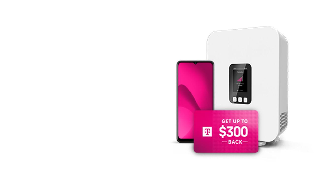 T-Mobile promo showing $35/month plan with AutoPay, plus up to $300 back, alongside a phone and home internet device.