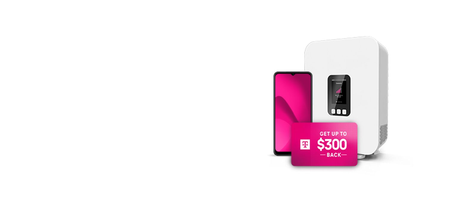 T-Mobile promo showing $35/month plan with AutoPay, plus up to $300 back, alongside a phone and home internet device.