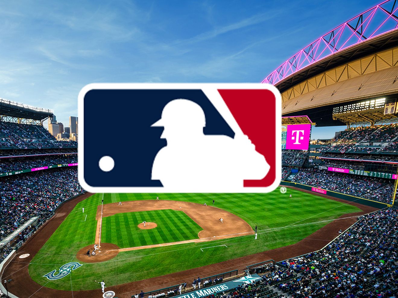 Logotipo de la MLB superpuesto sobre una imagen de un estadio de béisbol de T-Mobile.