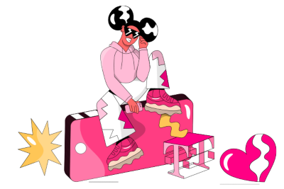 Una ilustración estilo caricatura vibrante muestra a una mujer sentada en un smartphone gigante.