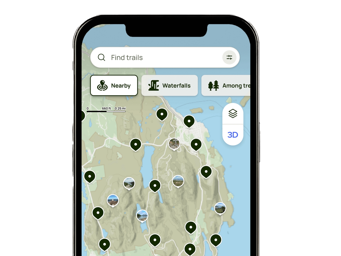 La pantalla de un teléfono que muestra la app AllTrails en uso.