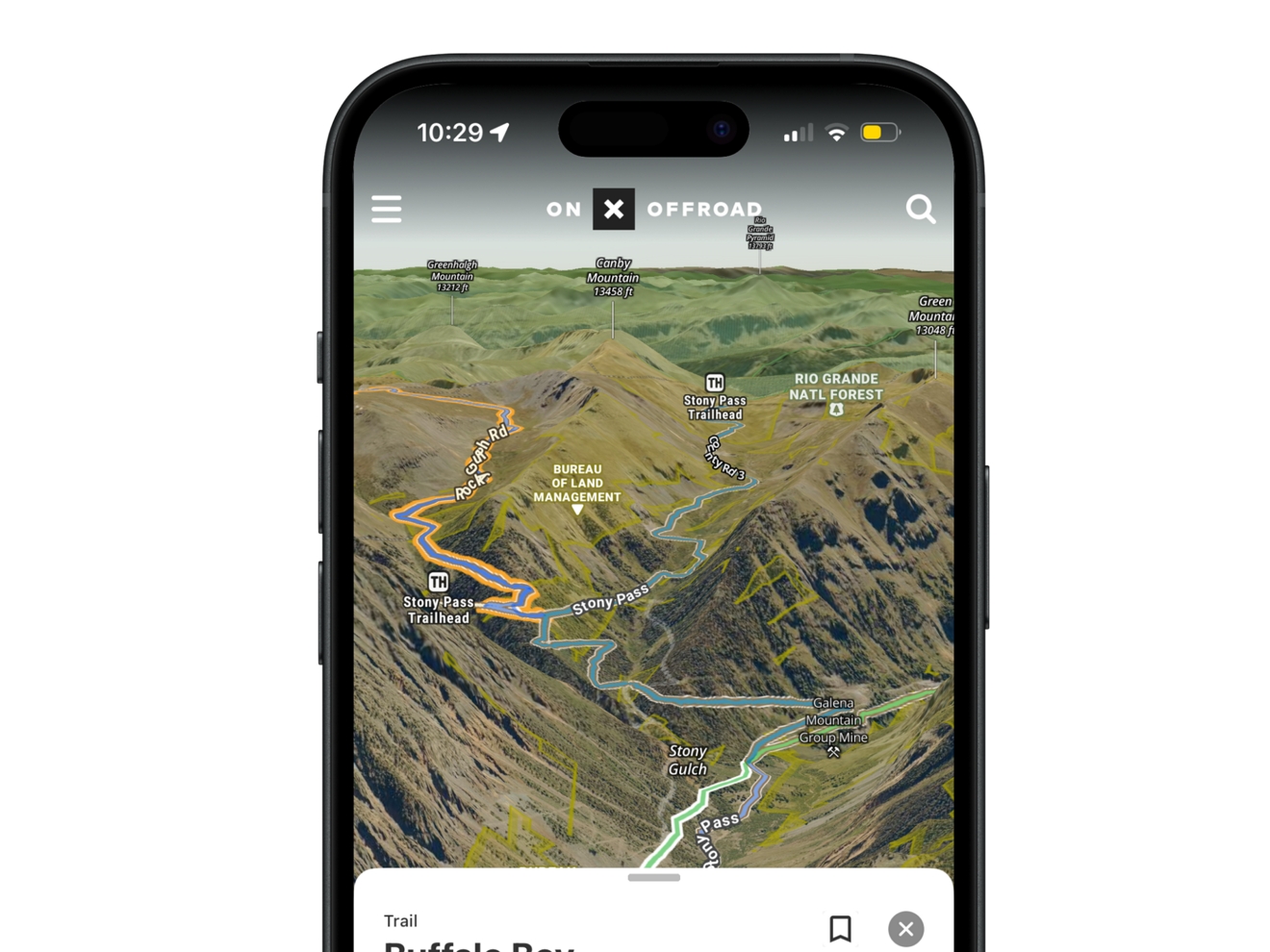 La pantalla de un teléfono que muestra la app onX en uso.