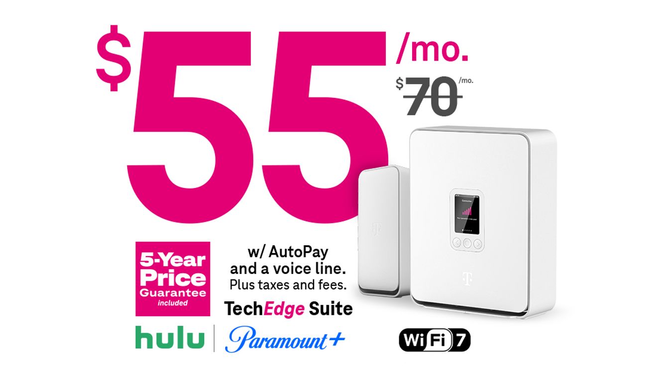 55 dólares al mes. 70 dólares al mes tachado. Con AutoPago y una línea de voz. Más impuestos y cargos. Precio garantizado por 5 años incluido. Incluye Hulu y Paramount+.
