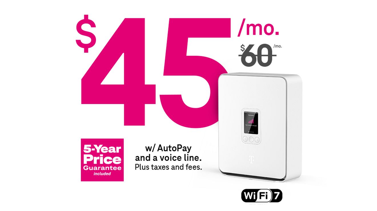 45 dólares al mes. 60 dólares al mes tachado. Con AutoPago y una línea de voz. Más impuestos y cargos. Precio garantizado por 5 años incluido.