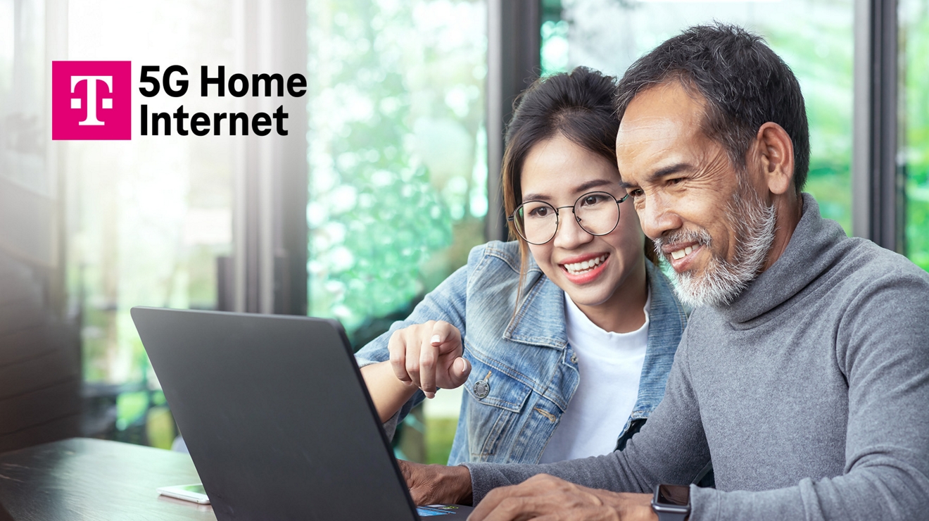Internet 5G residencial de T-Mobile. Dos personas sonríen mientras usan una laptop juntas.