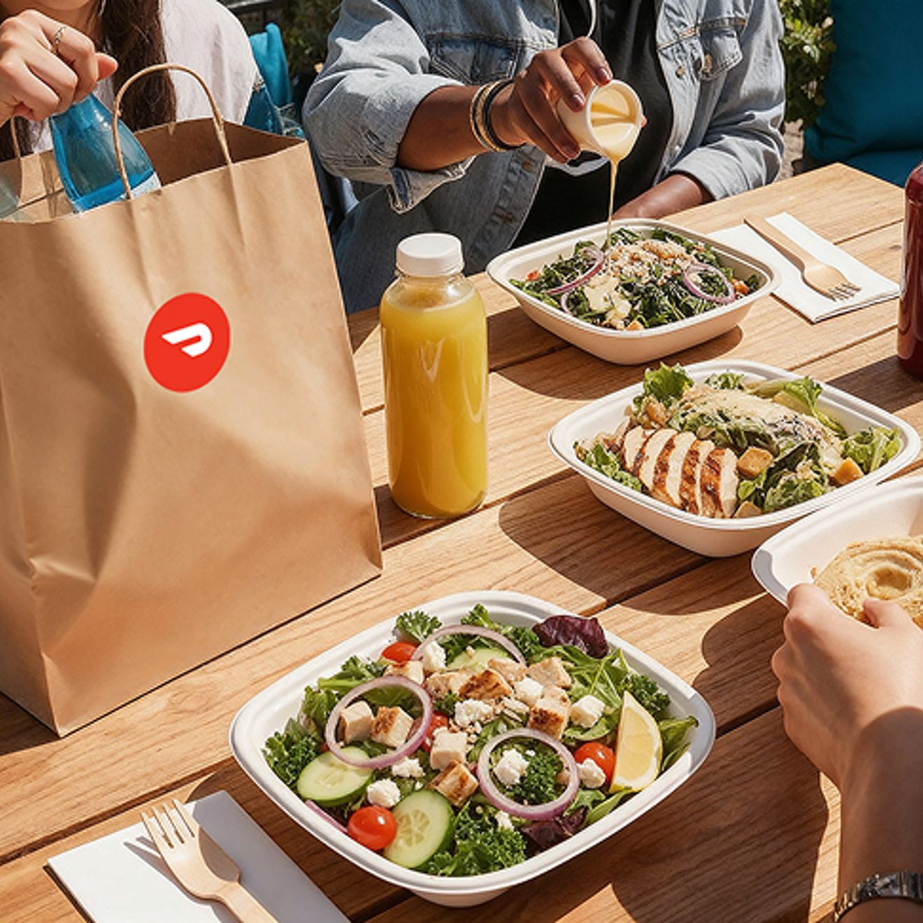 Una selección de ensaladas y jugos naturales entregados por DoorDash.