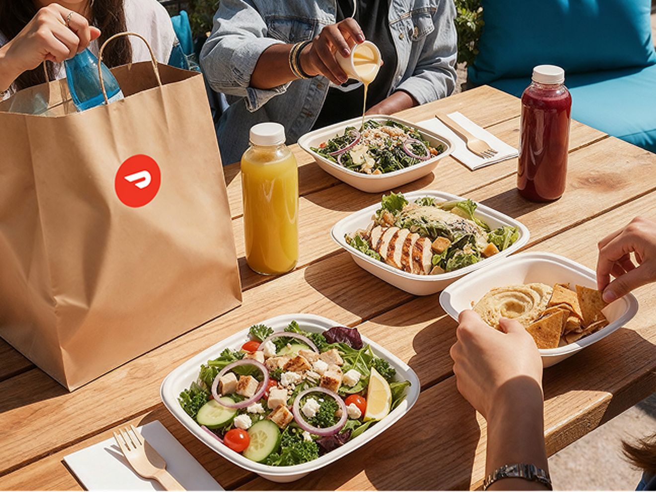 Comida para llevar de DoorDash dispuesta en una mesa al aire libre, con ensaladas, salsas, bebidas embotelladas y una bolsa de reparto con el logotipo de la marca.