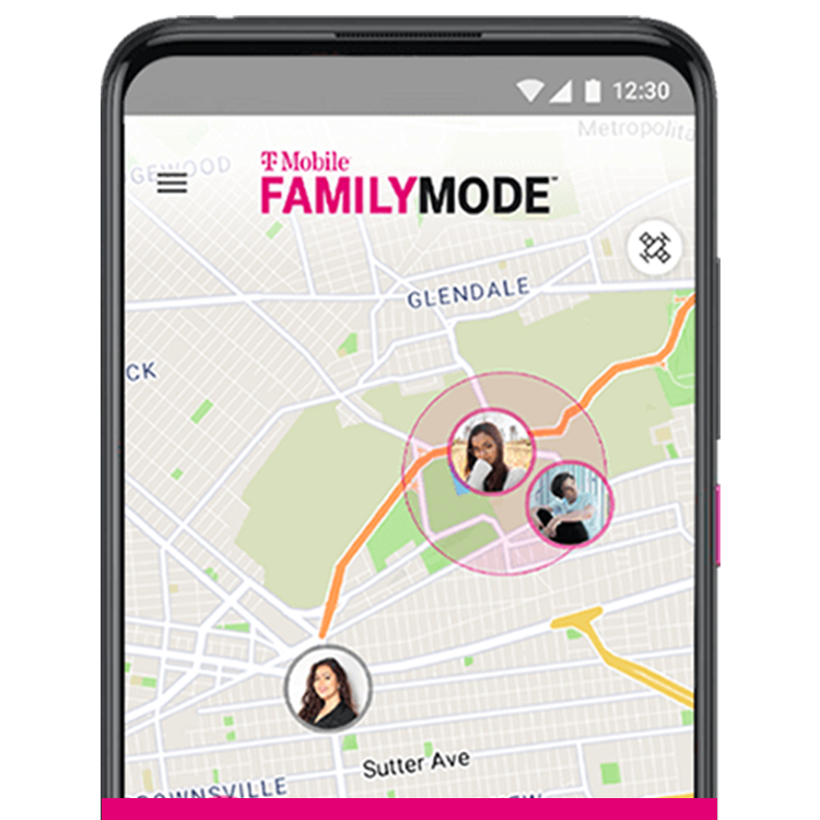 Pantalla de teléfono con un mapa, con burbujas con foto mostrando las ubicaciones de tres personas diferentes