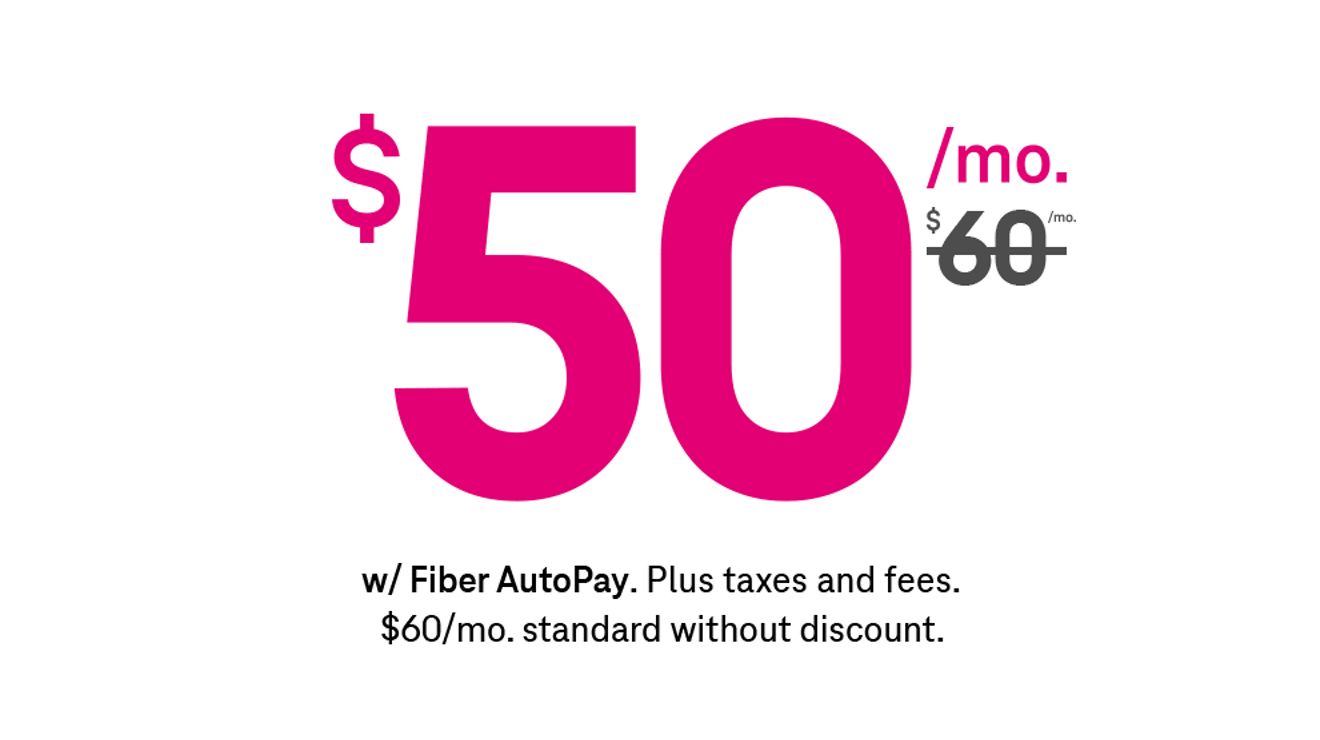 50 dólares al mes con AutoPago de Fiber. Más impuestos y cargos. 60 dólares al mes tachado. 60 dólares al mes, precio estándar sin descuentos.