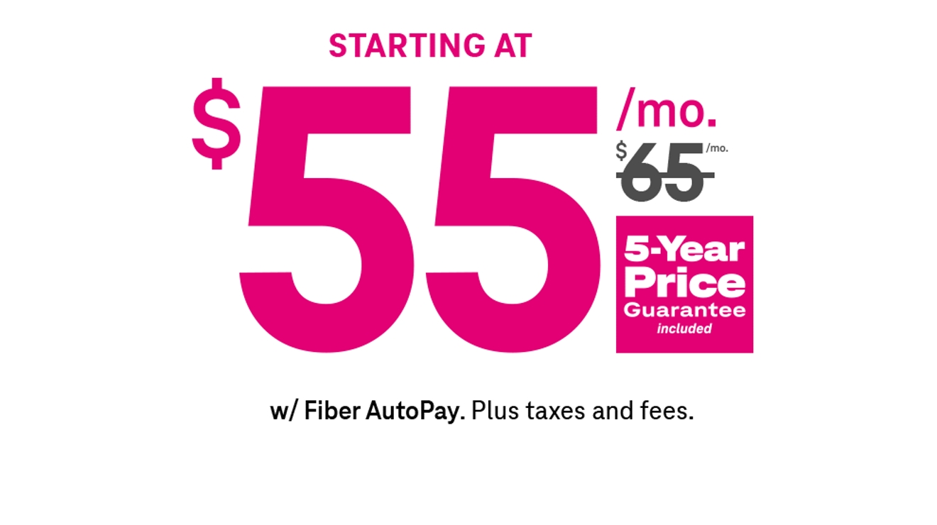 55 dólares al mes con AutoPago de Fiber. Más impuestos y cargos. Precio garantizado por 5 años incluido.