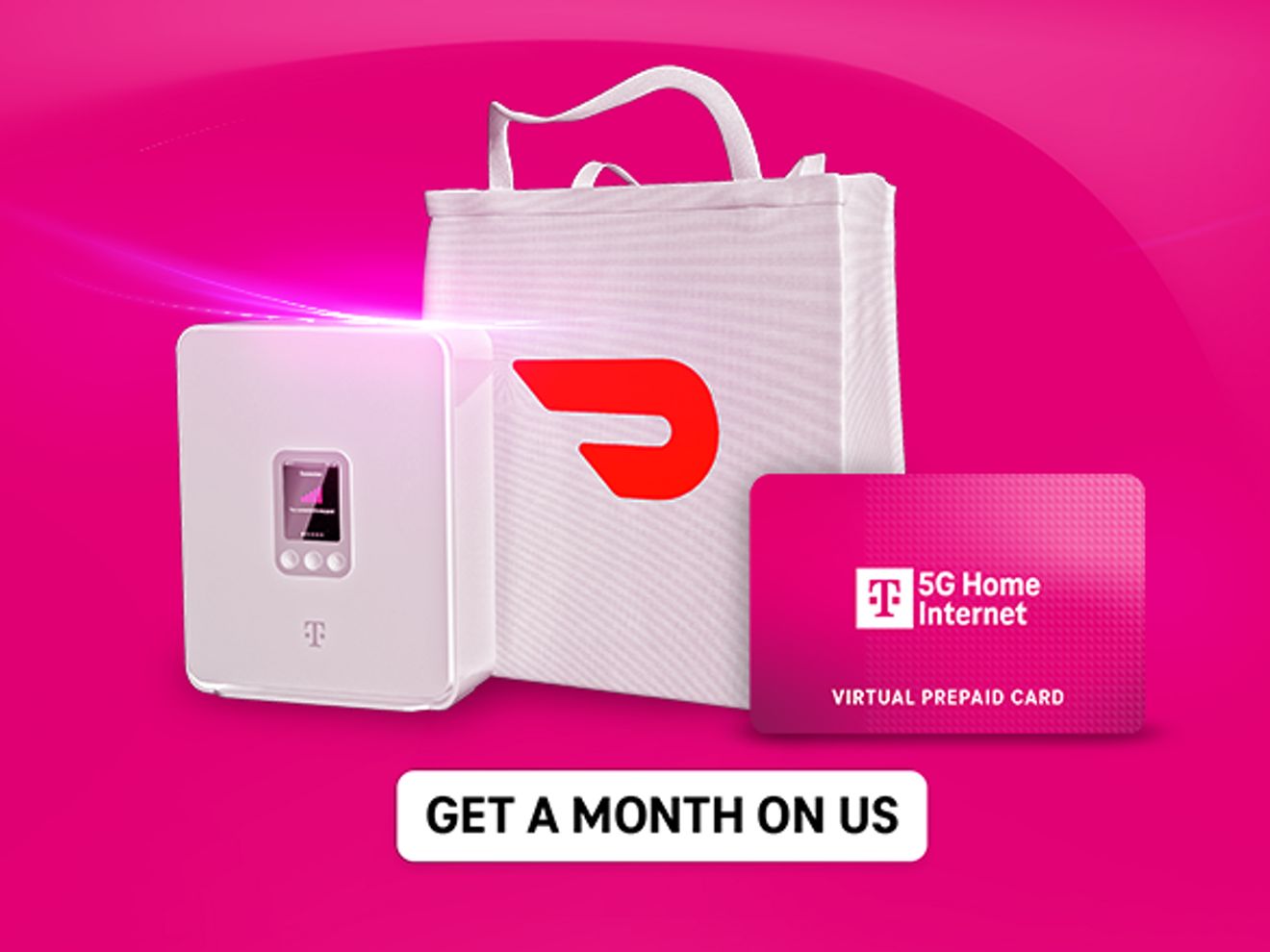 Gateway de Internet 5G residencail blanco junto a una bolsa de DoorDash y una tarjeta virtual de prepago magenta con la oferta "Un mes gratis por cuenta nuestra".