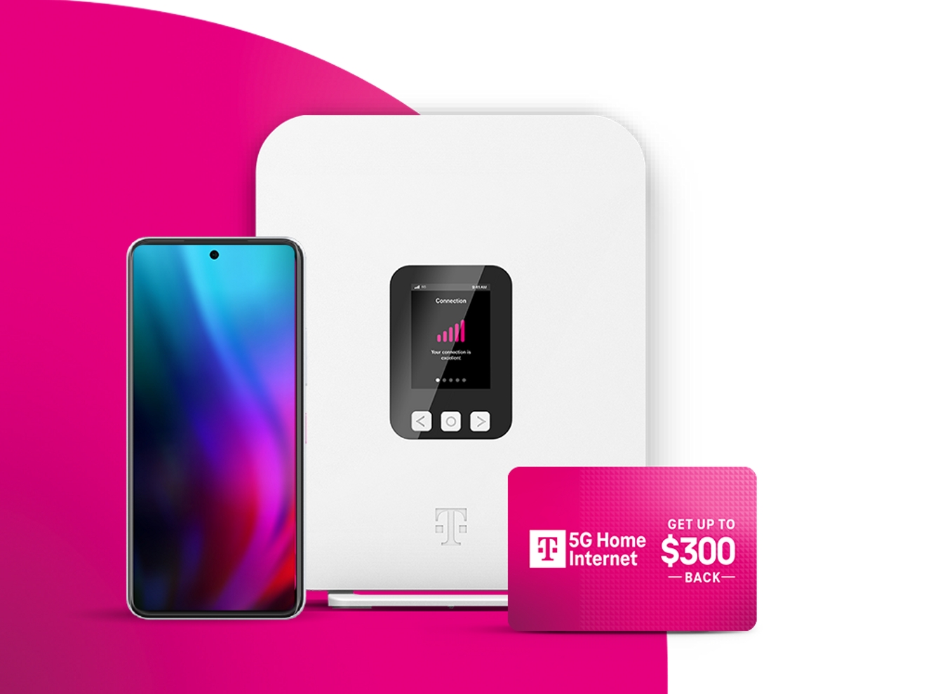 Un teléfono negro con una pantalla magenta se encuentra junto a un portal de Internet 5G residencial de T-Mobile blanco y una tarjeta que dice Internet 5G residencial, obtén hasta 300 dólares de reembolso.