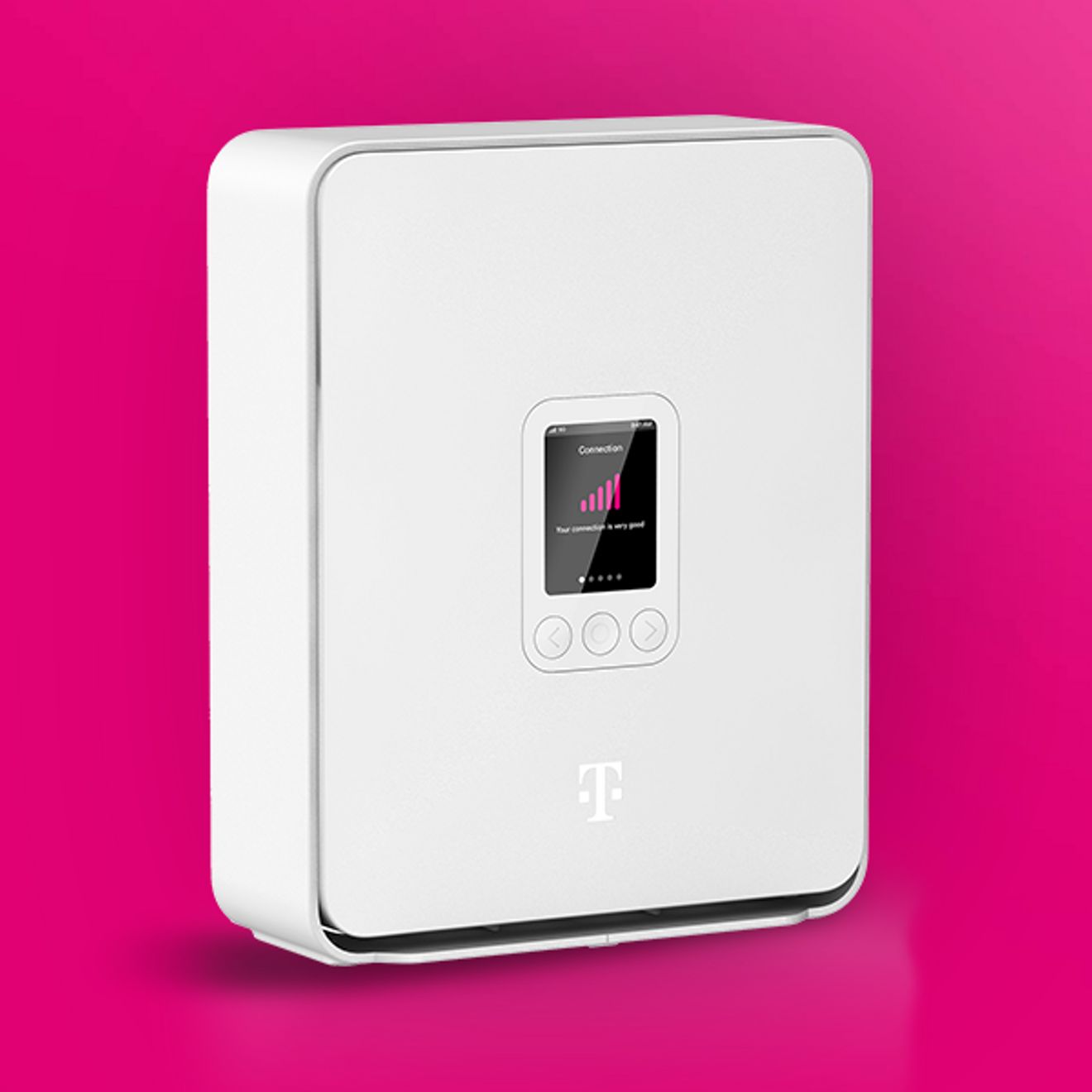 Dispositivo gateway Internet residencial de T-Mobile de color blanco con una pantalla pequeña, que se muestra sobre un fondo rosa brillante.