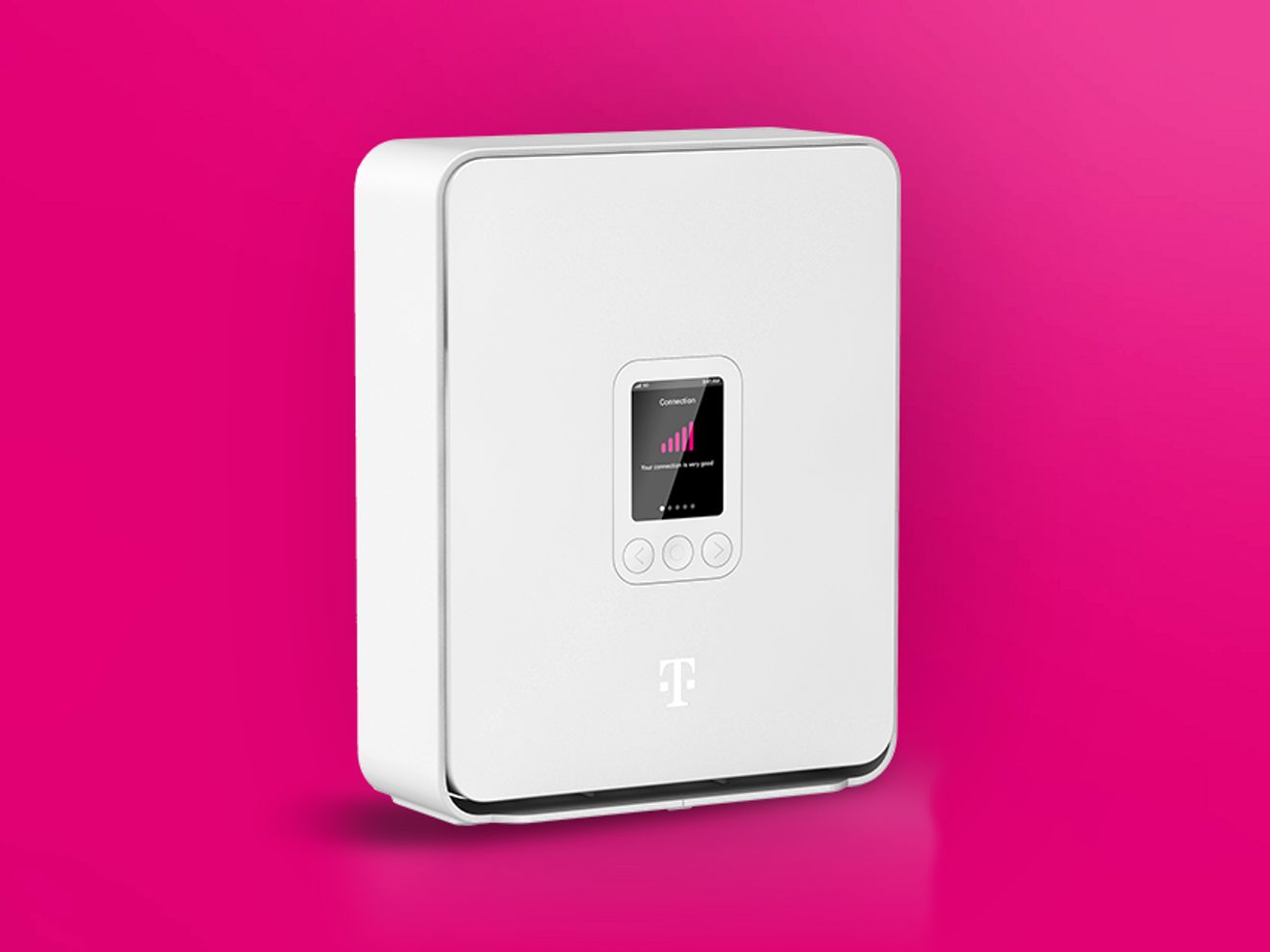 Dispositivo gateway Internet residencial de T-Mobile de color blanco con una pantalla pequeña, que se muestra sobre un fondo rosa brillante.