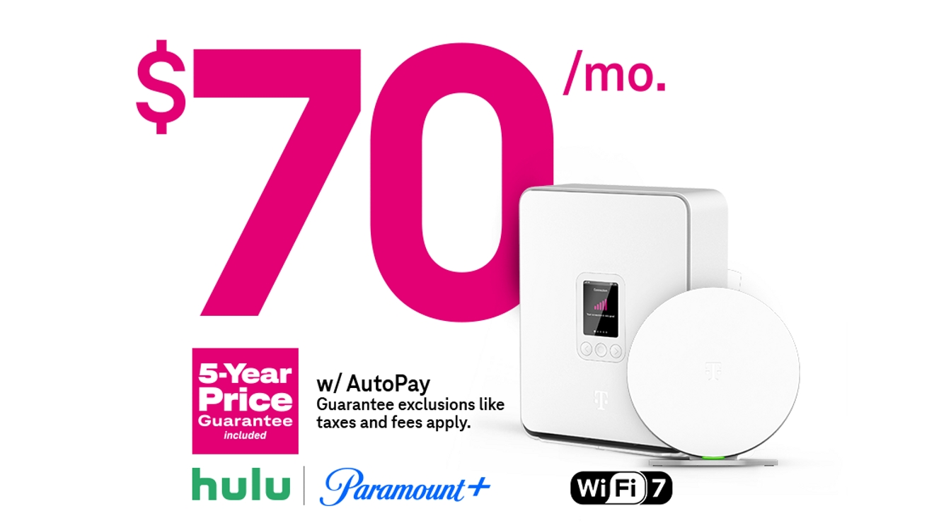 70 dólares al mes con AutoPago. Más impuestos y cargos. Precio garantizado por 5 años incluido. Gateway Wifi 7. Hulu y Paramount+
