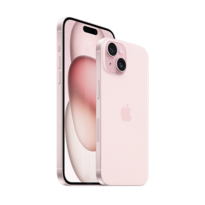 Vista posterior del iPhone 15 en rosa junto a una vista frontal del iPhone 15 Plus en rosa.
