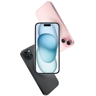 iPhone 15 en negro, azul y rosa