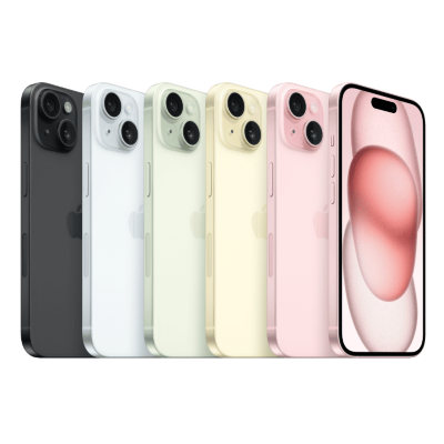 iPhone 15 en negro, azul, verde, amarillo y rosa en fila mostrando la parte trasera del teléfono. El iPhone 15 rosa mostrando la parte trasera del teléfono y la pantalla frontal.