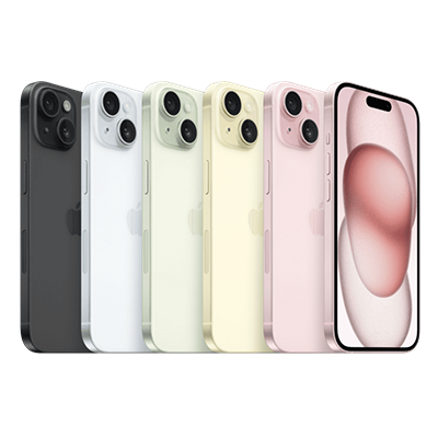 Seis teléfonos iPhone 15 de distintos colores.