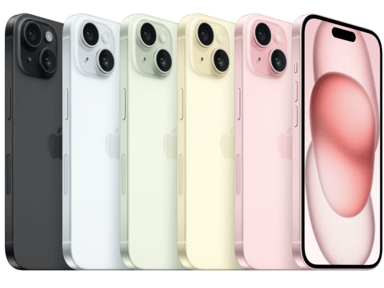 Cinco teléfonos iPhone 15 alineados en distintos colores junto con una vista frontal que muestra la pantalla.