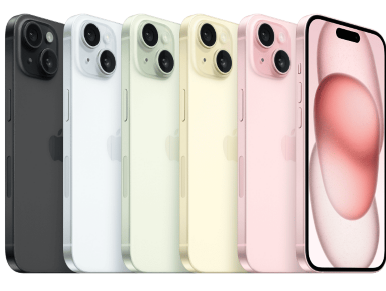 Se muestra una familia de coloridos iPhone 15s.