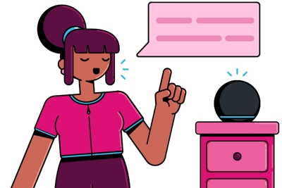 Mujer hablando con su dispositivo Amazon Echo.