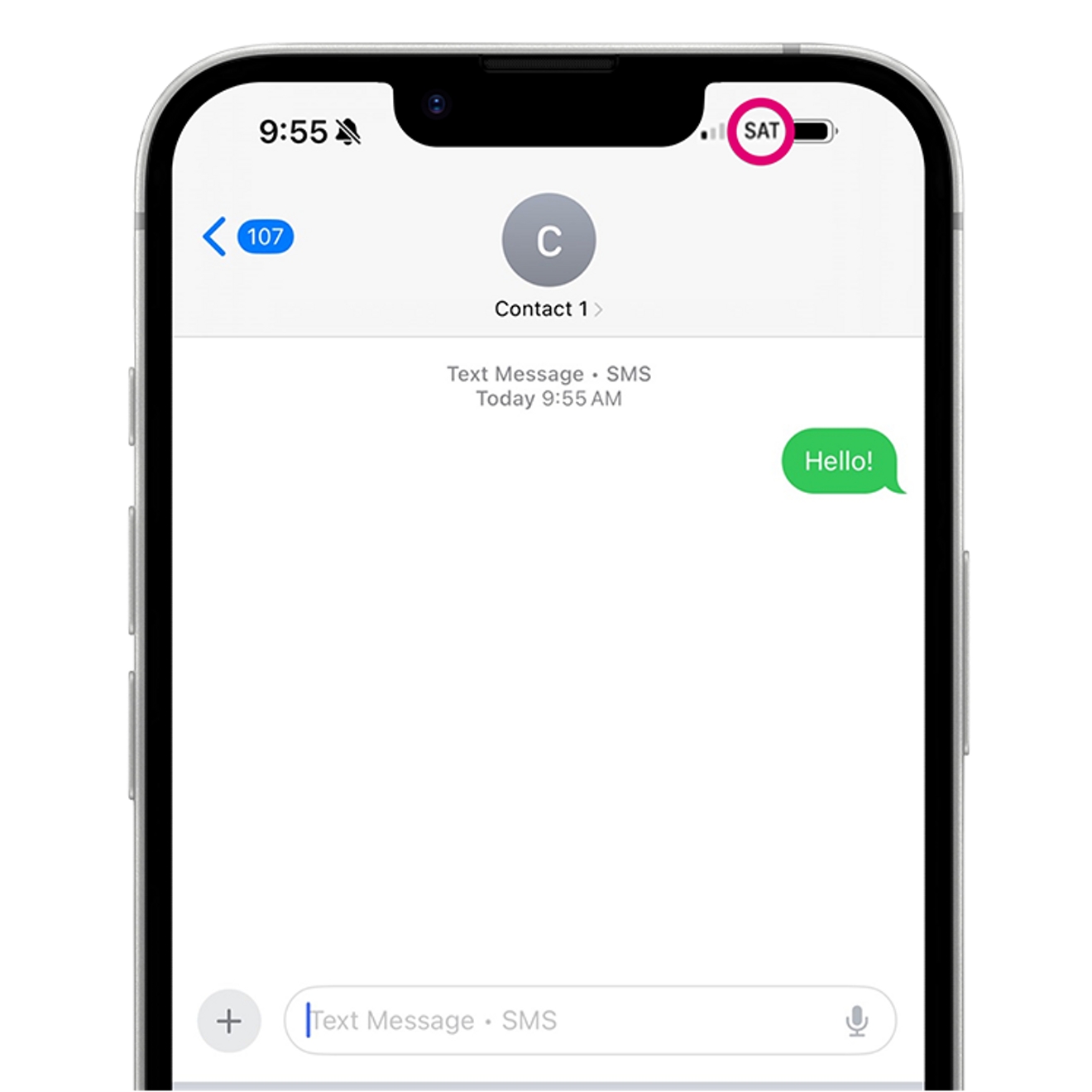 iPhone 16e mostrando una conversación de texto mediante mensajería satelital con el ícono de satélite en la esquina superior derecha.