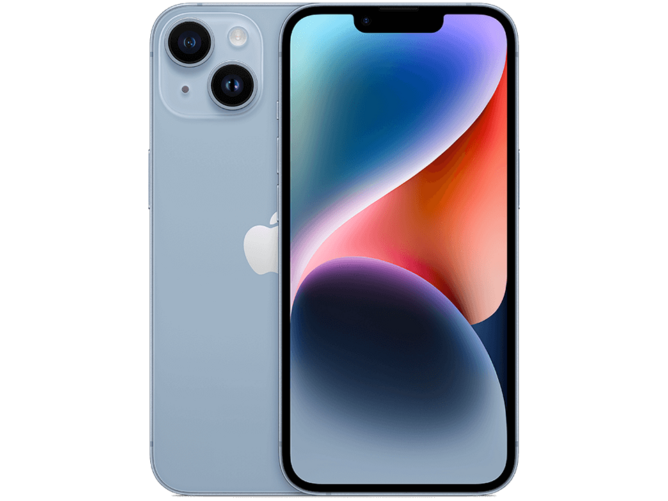Parte frontal y posterior de un iPhone 14 azul