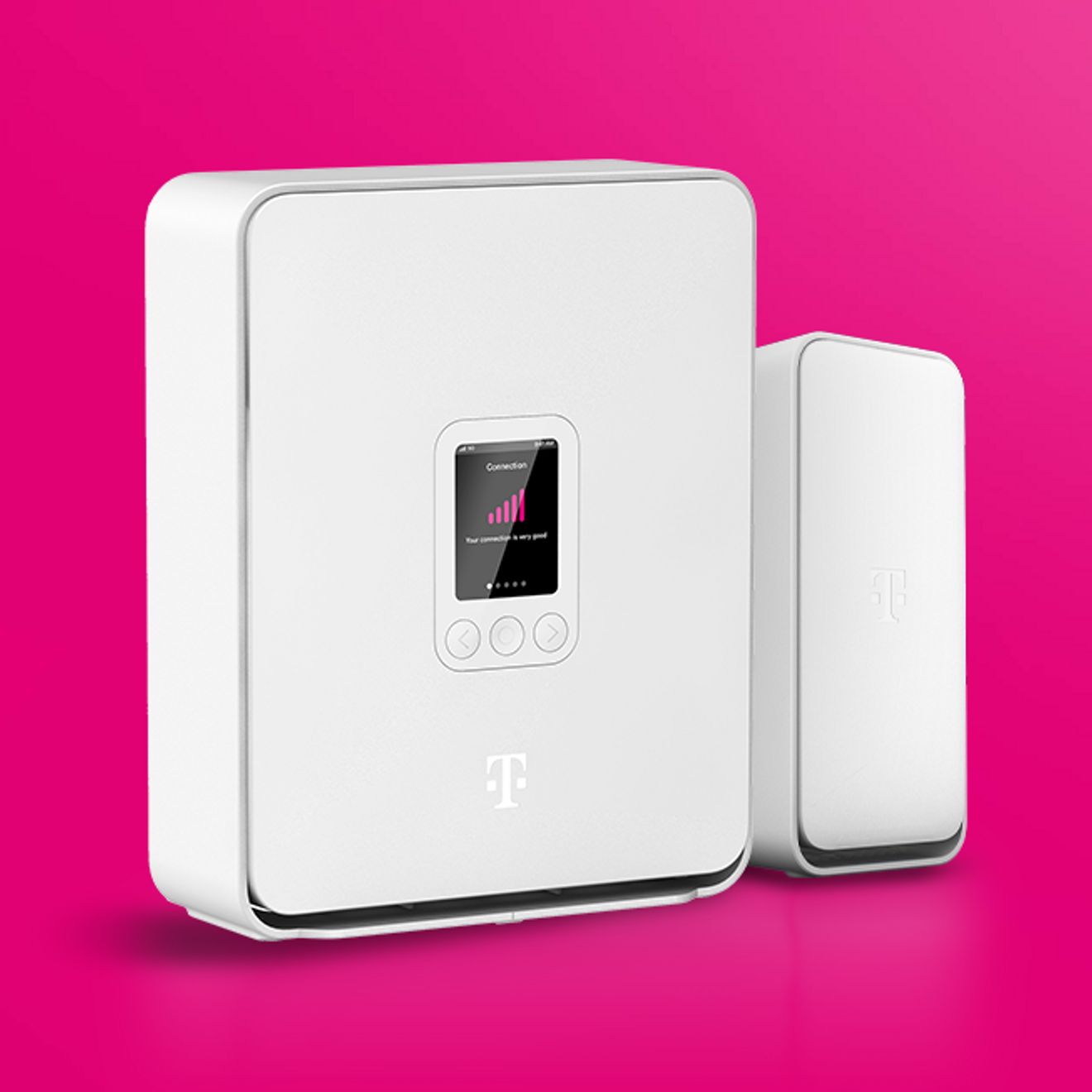 White T-Mobile home internet gateway device with a small display, shown against a bright pink background.