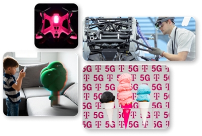 Imágenes de un dron, un hombre trabajando con un equipo, un niño proyectando un juguete, conos de helado sobre logotipos de 5G