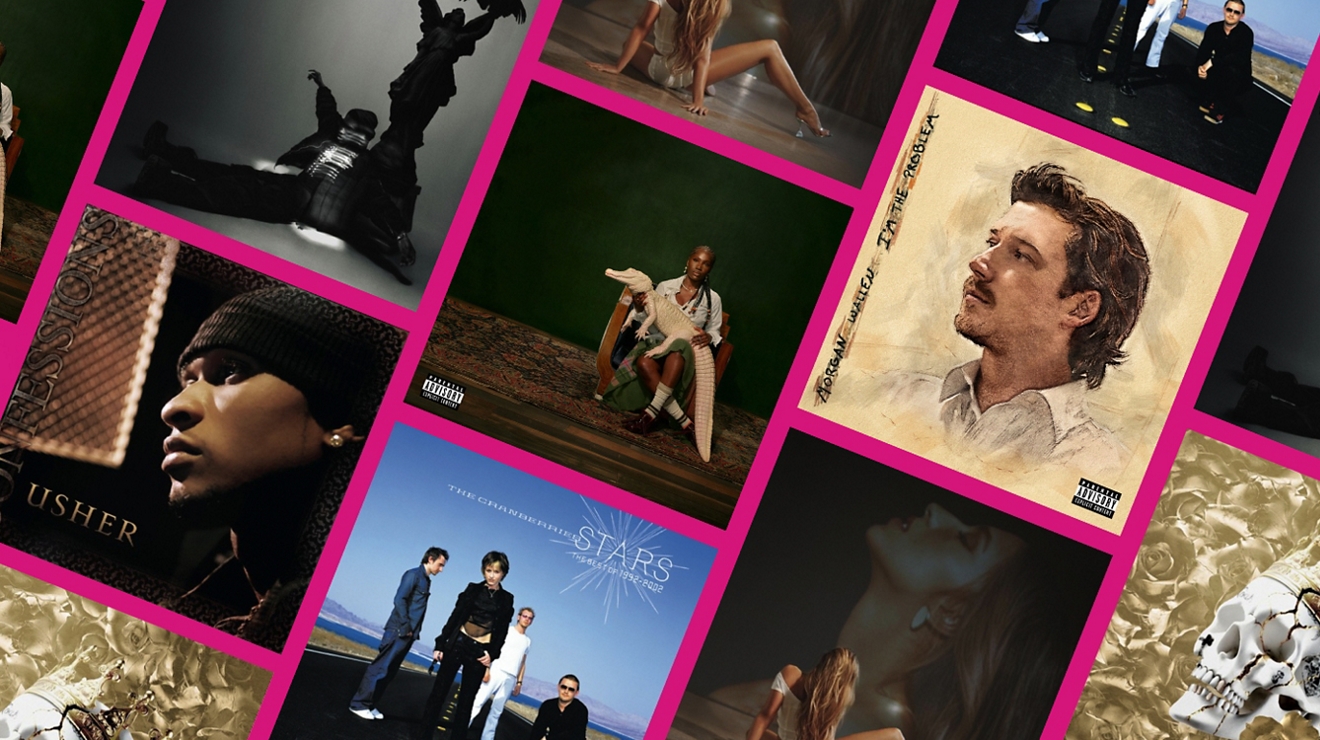 Gráfico que muestra un collage de portadas de álbumes de música con varios artistas.