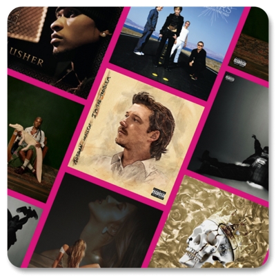 Gráfico que muestra un collage de portadas de álbumes de música con varios artistas.