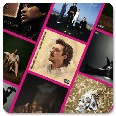 Gráfico que muestra un collage de portadas de álbumes de música con varios artistas.