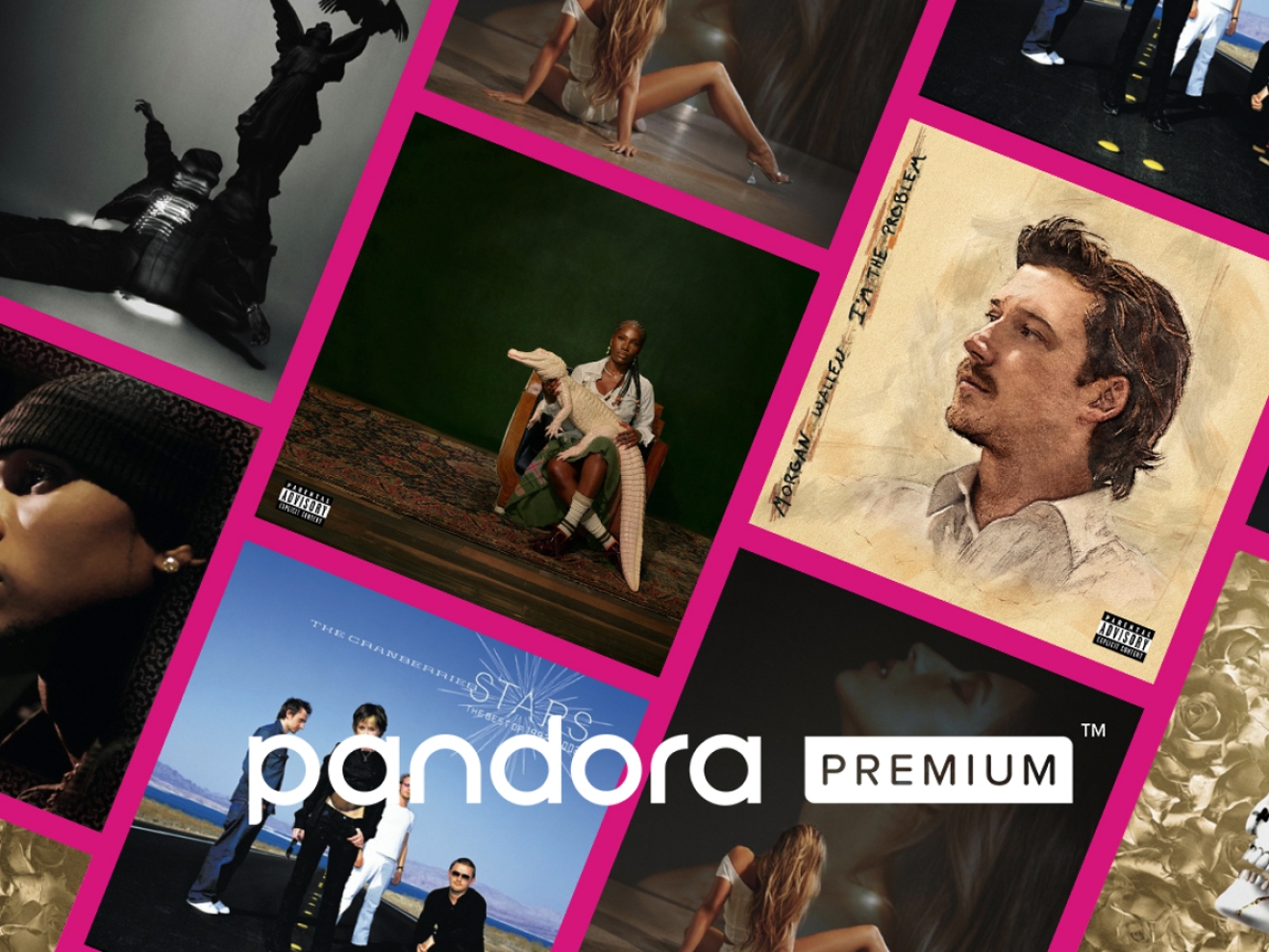 Gráfico que muestra un collage de portadas de álbumes de música con varios artistas con el logo de Pandora Premium centrado en la parte inferior de la imagen.