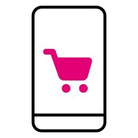 An icon featuring a magenta shopping cart is in an outlined black phone.