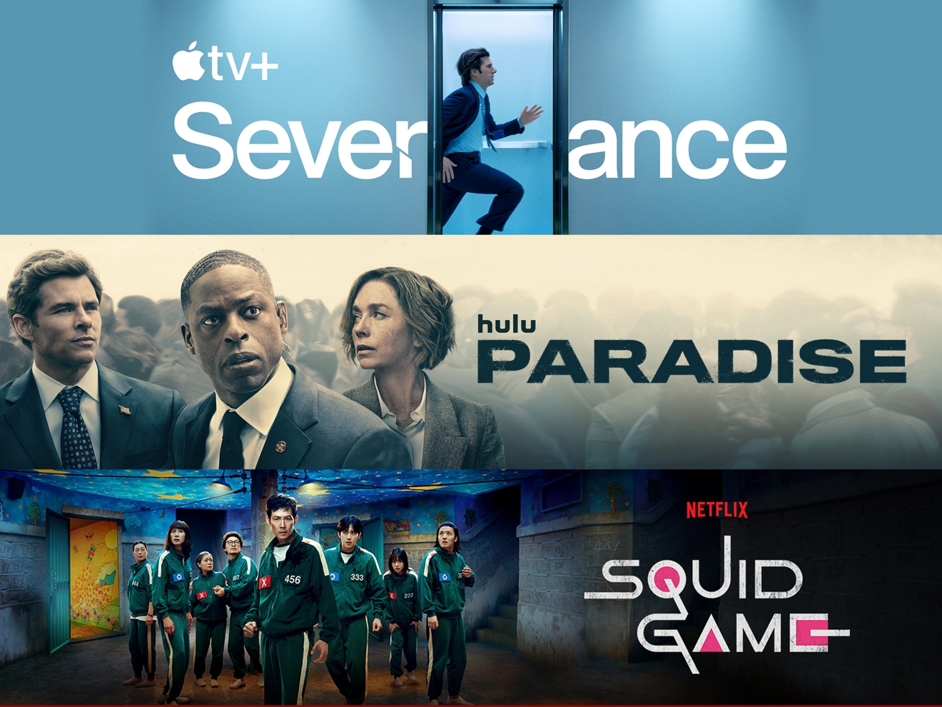 Collage de plataformas de streaming que muestra The Severance para Apple TV+, Paradise para Hulu y Bridgerton, Squid Games, RAW y The Night Agent para Netflix.
