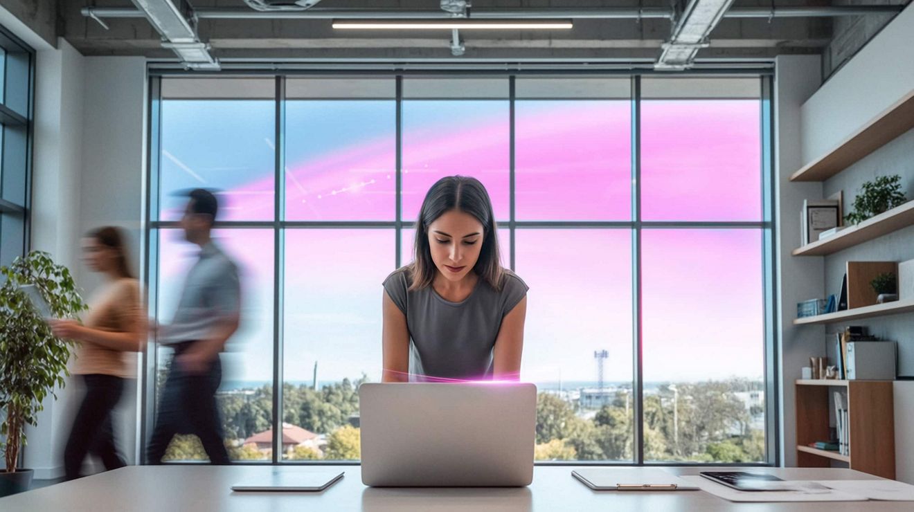 A financial advisor on a SuperBroadband connected laptop confidently consults with an online client.