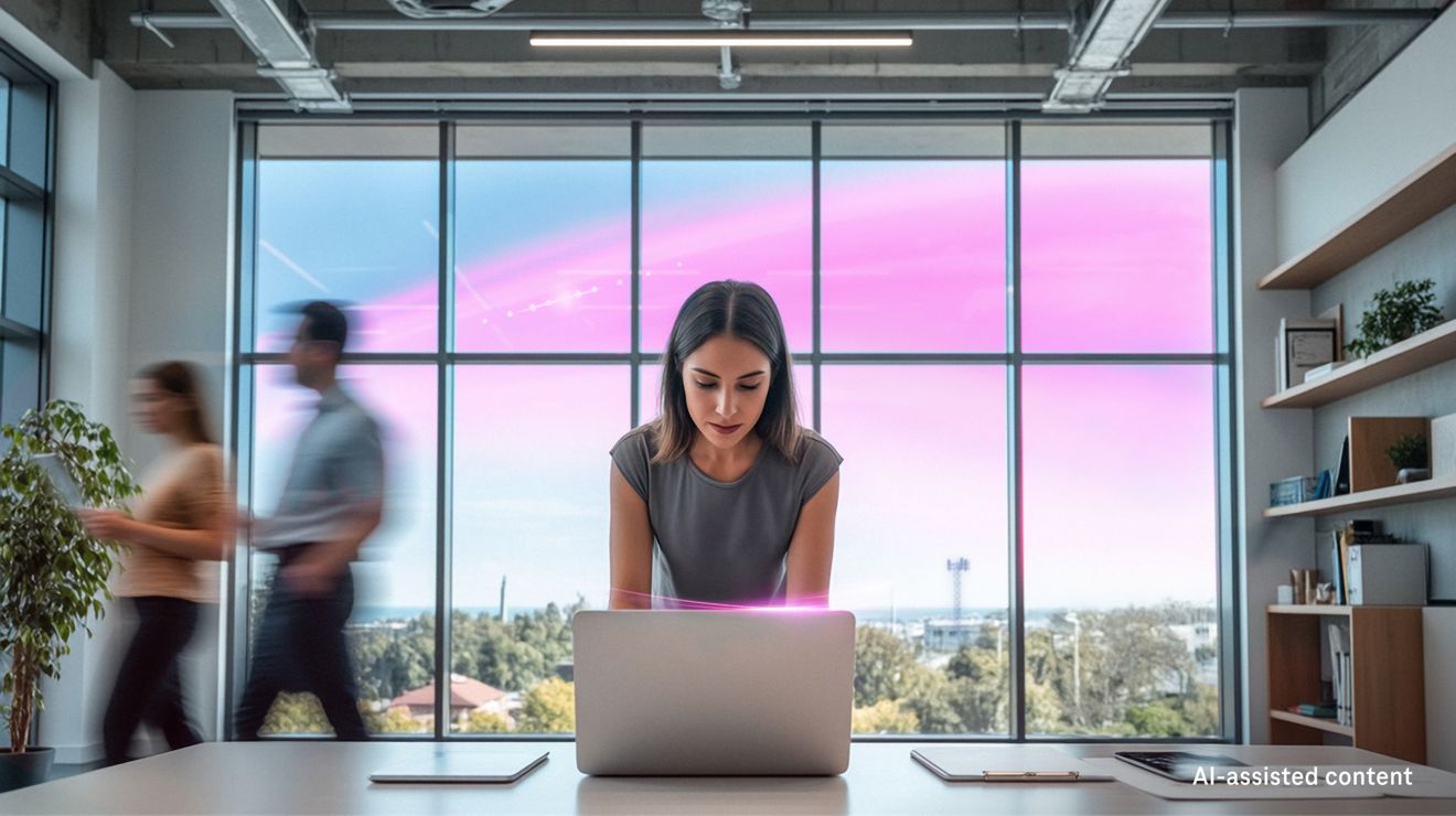 Una asesora financiera con una laptop conectada con SuperBroadband asesora a un cliente por Internet con confianza.