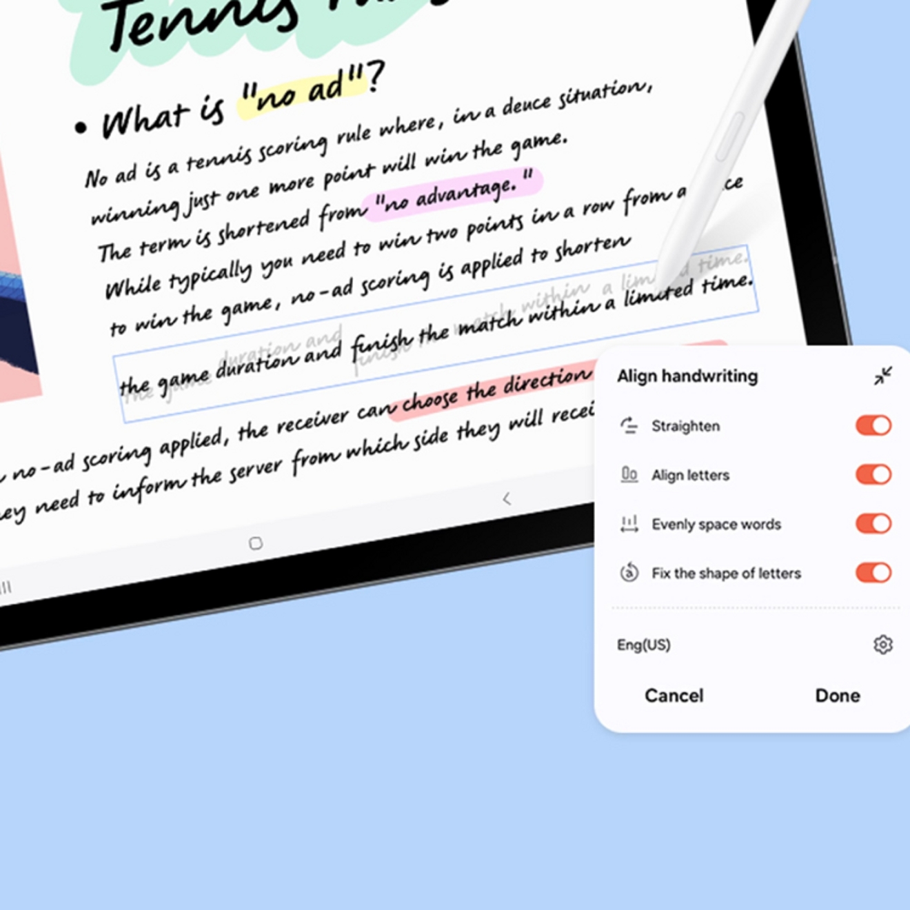 Tablet Samsung S10 FE mostrando el asistente de escritura a mano que se utiliza para organizar notas