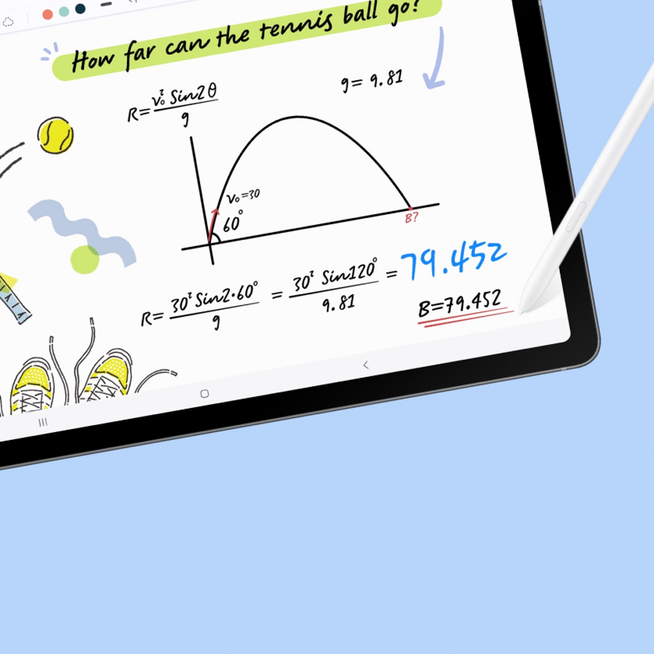 Tablet Samsung S10 FE mostrando el Math Solver que se utiliza para resolver una ecuación matemática