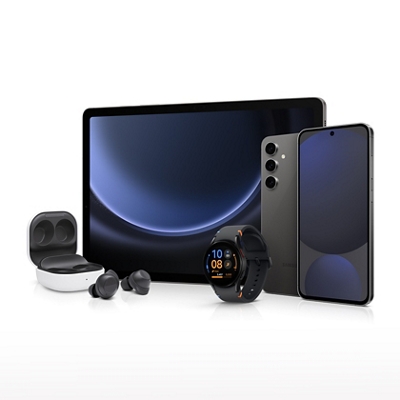 Familia de productos Samsung, que incluye audífonos, un reloj, dos teléfonos y una tablet.