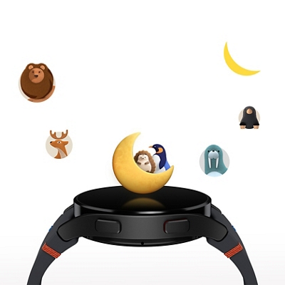 Vista lateral del reloj Samsung e íconos de animales ilustrados