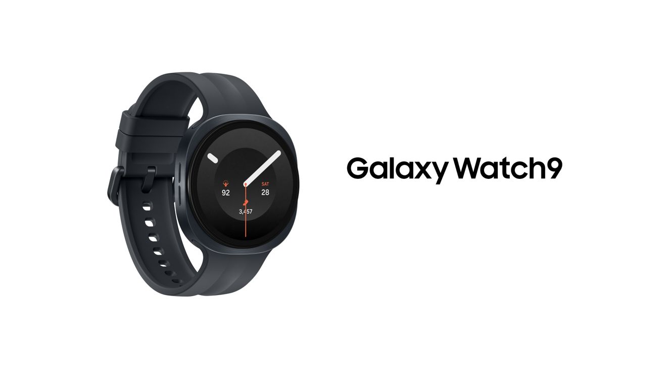 Vista frontal del Samsung Galaxy Watch9 con pulsera deportiva en negro.