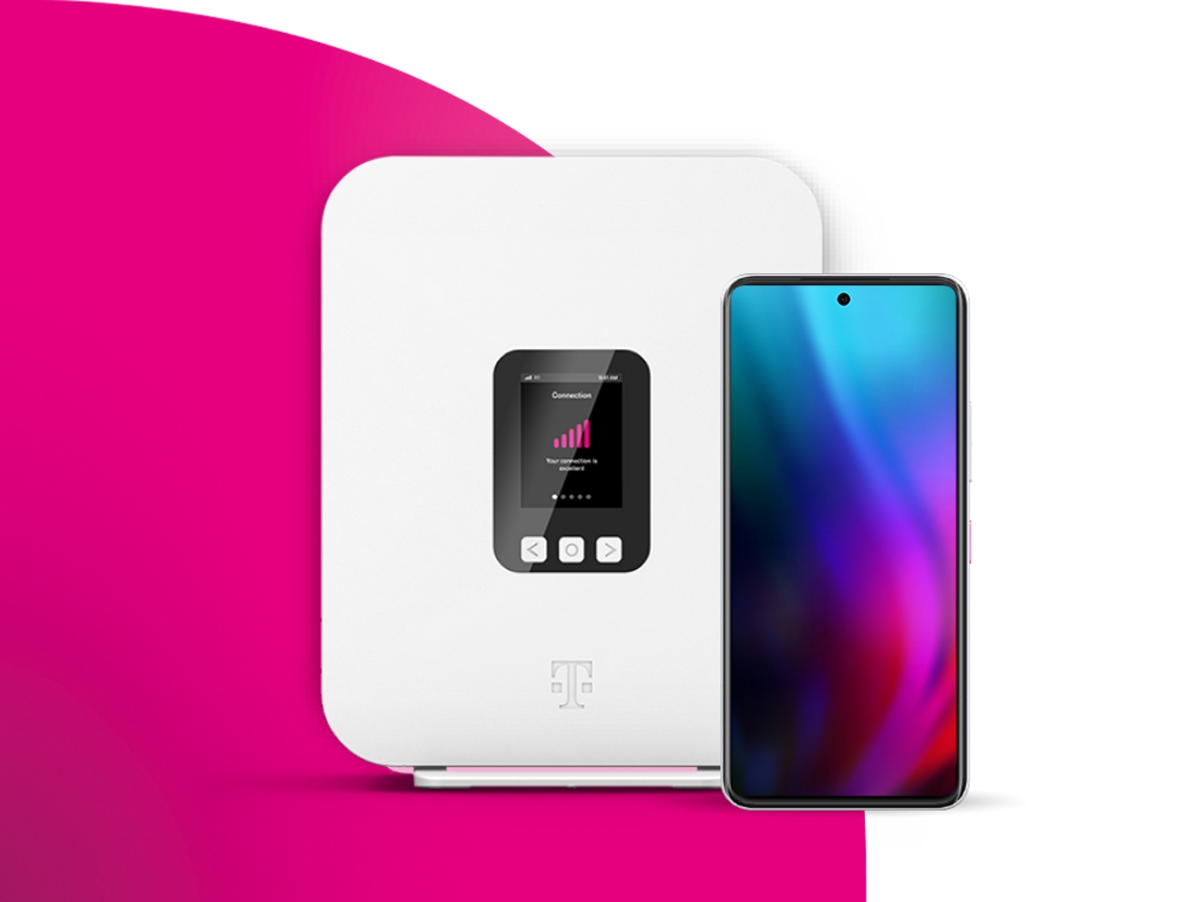 Gateway wifi 5G de T-Mobile junto a un teléfono móvil.