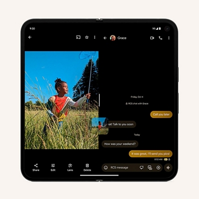 Dos pantallas que muestran mensajes en una e imágenes en la otra